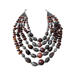 Vintage Agate and Silver Natural Stone Bead Necklace with Sterling Accents